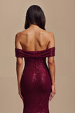Sparkly Mermaid Burgundy Off The Shoulder Formal Dress with 3D Flowers