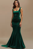 Velvet Mermaid Square Neck Dark Green Formal Dress