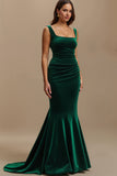 Velvet Mermaid Square Neck Dark Green Formal Dress