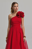 One Shoulder A Line Long Red Formal Dress with 3D Flower