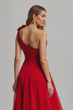 One Shoulder A Line Long Red Formal Dress with 3D Flower