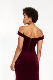 Burgundy Velvet Off The Shoulder Formal Dress with Slit