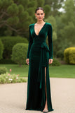 Velvet Sheath Dark Green Long Formal Dress with Slit