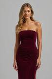 Strapless Burgundy Mermaid Velvet Formal Dress
