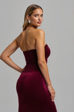 Strapless Burgundy Mermaid Velvet Formal Dress