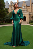 Sparkly Mermaid Long Sleeve Dark Green Formal Dress