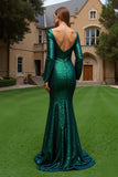 Sparkly Mermaid Long Sleeve Dark Green Formal Dress