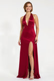 Burgundy Halter Long Formal Dress with Slit