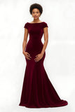 Mermaid Burgundy Velvet Holiday Dress With Sleeves