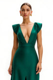 V-Neck Sheath Satin Dark Green Holiday Dress With Slit