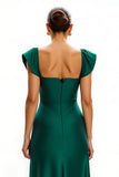 V-Neck Sheath Satin Dark Green Holiday Dress With Slit