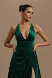 A-Line V-Neck Dark Green Holiday Dress With Slit