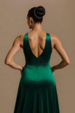 A-Line V-Neck Dark Green Holiday Dress With Slit