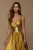 Metallic Golden Satin A-Line Holiday Dress