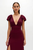 Burgundy Cap Sleeve V-Neck Holiday Dress With Slit