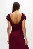 Burgundy Cap Sleeve V-Neck Holiday Dress With Slit