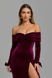 Off The Shoulder Velvet Sheath Burgundy Holiday Dress With Slit