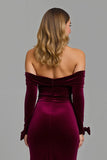 Off The Shoulder Velvet Sheath Burgundy Holiday Dress With Slit