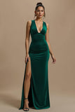 Dark Green Velvet Sheath Holiday Dress With Slit