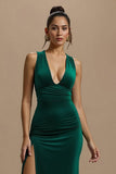 Dark Green Velvet Sheath Holiday Dress With Slit
