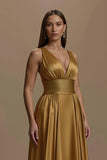 Golden A-Line V-Neck Satin Maxi Holiday Dress