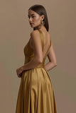 Golden A-Line V-Neck Satin Maxi Holiday Dress