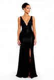 Sparkly Black Sheath V-Neck Holiday Dress With Slit