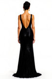Sparkly Black Sheath V-Neck Holiday Dress With Slit