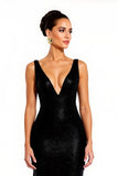 Sparkly Black Sheath V-Neck Holiday Dress With Slit