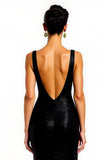 Sparkly Black Sheath V-Neck Holiday Dress With Slit