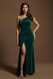 One Shoulder Sheath Velvet Dark Green Holiday Dress with Slit