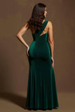 One Shoulder Sheath Velvet Dark Green Holiday Dress with Slit