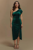 Dark Green One Shoulder Sheath Velvet Holiday Dress With Slit