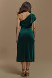Dark Green One Shoulder Sheath Velvet Holiday Dress With Slit