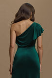 Dark Green One Shoulder Sheath Velvet Holiday Dress With Slit