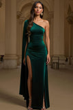 One Shoulder Sheath Dark Green Velvet Holiday Dress With Slit