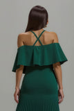 Off The Shoulder A-Line Dark Green Holiday Dress With Slit