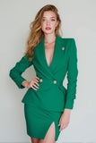 Dark Green Peak Lapel Bodycon 2 Piece Skirt Suit With Slit