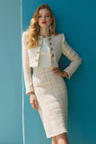 Ivory Pencil Tweed Double Breasted 2 Piece Midi Work Dress