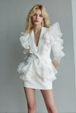 White Ruffle Shawl Lapel Mini Work Dress