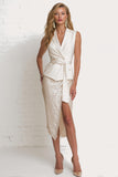 Ivory Sheath Notched Lapel Sequin Work Dress With Belt