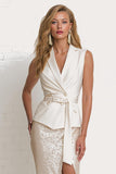 Ivory Sheath Notched Lapel Sequin Work Dress With Belt