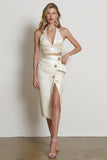 Champagne 2-Piece Halter Pencil Sequin Work Dress with Slit