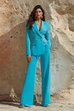Slim Fit Blue 2-Piece Peak Lapel Women Work Suits
