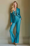 2-Piece Blue Double Breasted Notched Lapel Women Work Suits