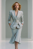 Grey Peak Lapel 2 Piece Midi Work Dress With Belt