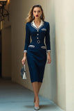 Navy Pencil Notched Lapel Midi Work Dress