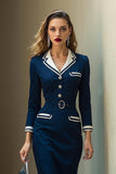 Navy Pencil Notched Lapel Midi Work Dress