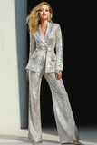Silver Sequined Peak Lapel Women Prom Suits With Sash