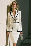 White Bodycon Notched Lapel Long Sleeve Work Dress